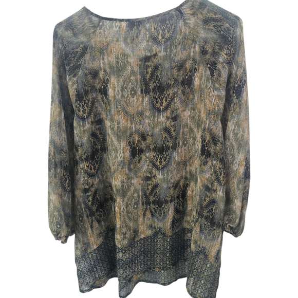 Liz Claiborne Sheer Green and Yellow Patterned Blouse W/covered Buttons, Size XL - Picture 2 of 4